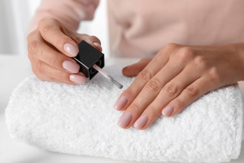 Iniciante aprendendo a aplicar esmalte rosa em unhas naturais.