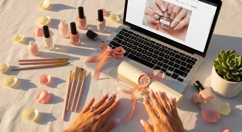 Materiais de manicure organizados para o aprendizado de técnicas de unhas.