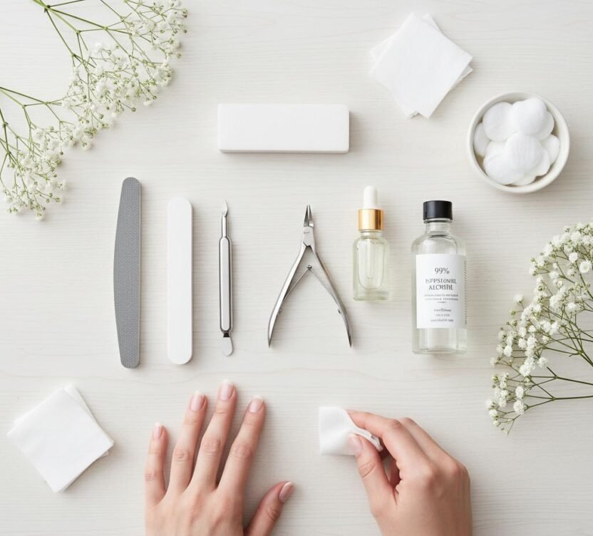 Materiais para manicure iniciante com lixa, alicate, espátula e esmaltes.